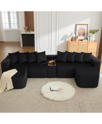 137.5" U-Shaped Sofa, USB/Wireless Charge, Cup Holder Table, Movable, 6 Seats, Black