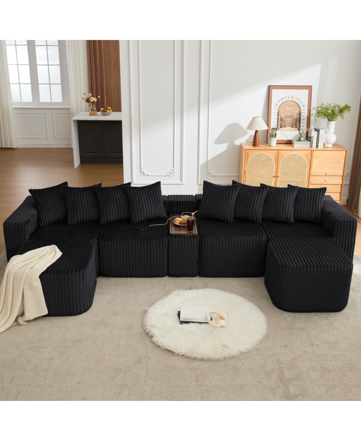 Streamdale Furniture 137.5" U-Shaped Sofa, Usb/Wireless Charge, Cup Holder Table, Movable, 6 Seats, Black