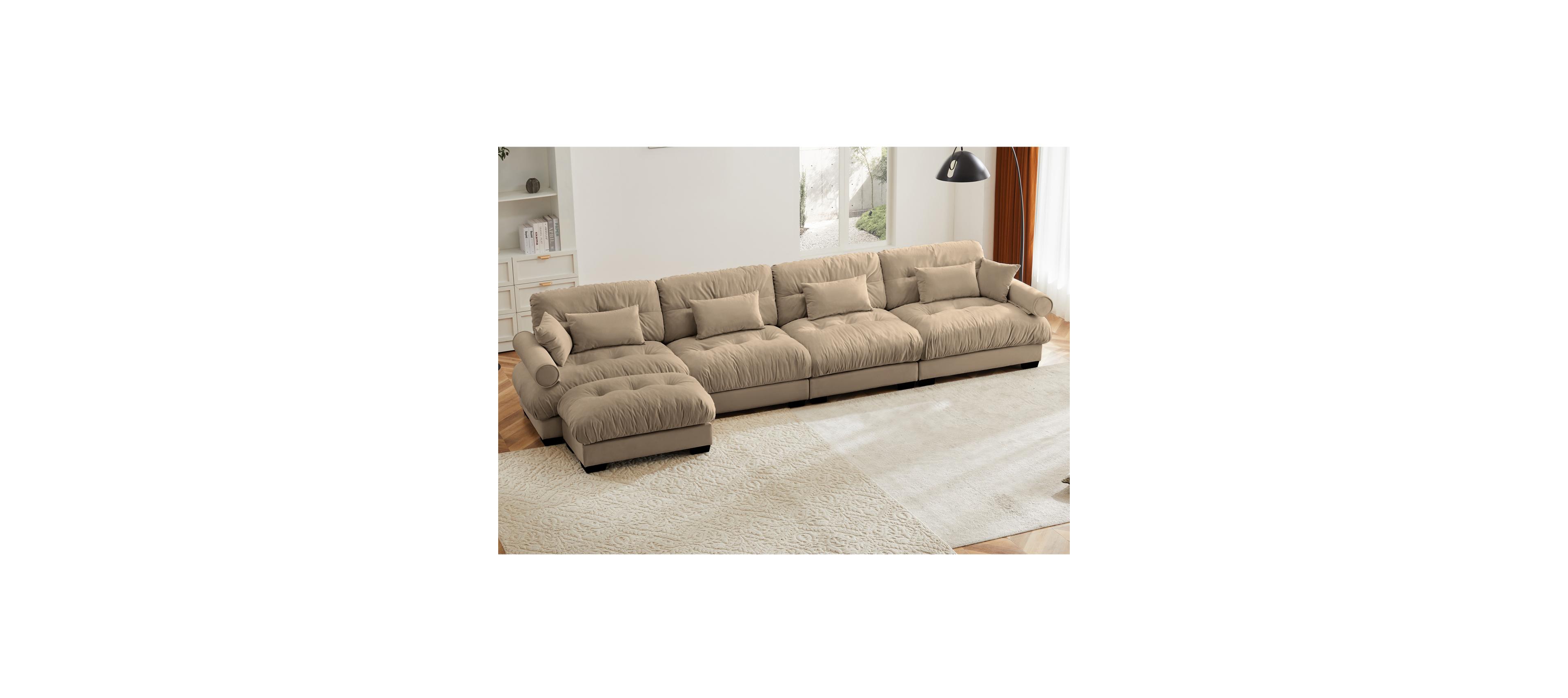 Streamdale Furniture Streamdale L-Shaped Cloud Sofa, Convertible 4-Seater Modular Couch, Velvet Upholstered Corner Couch, Camel
