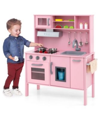 Wooden Pretend Play Kitchen Set for Toddlers with Accessories - Pink