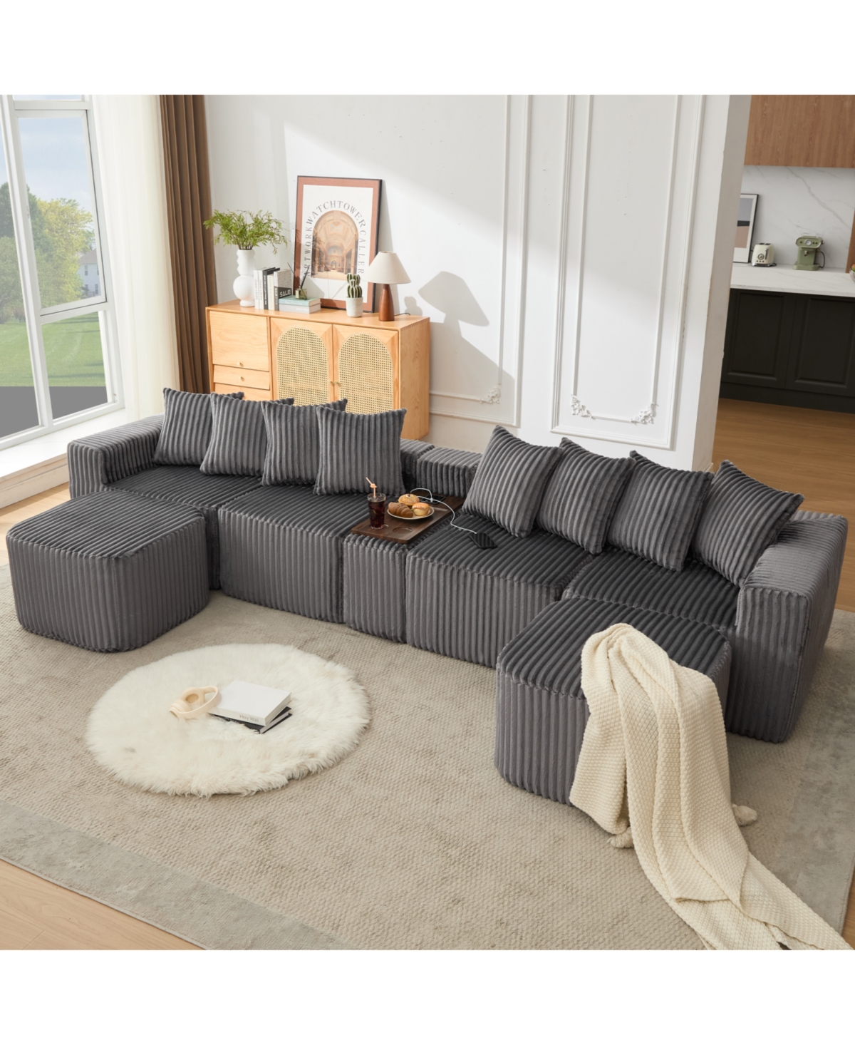 Streamdale Furniture Streamdale U-Shaped Sofa, Usb/Wireless Charge, Cup Holder, Movable, Gray Corduroy