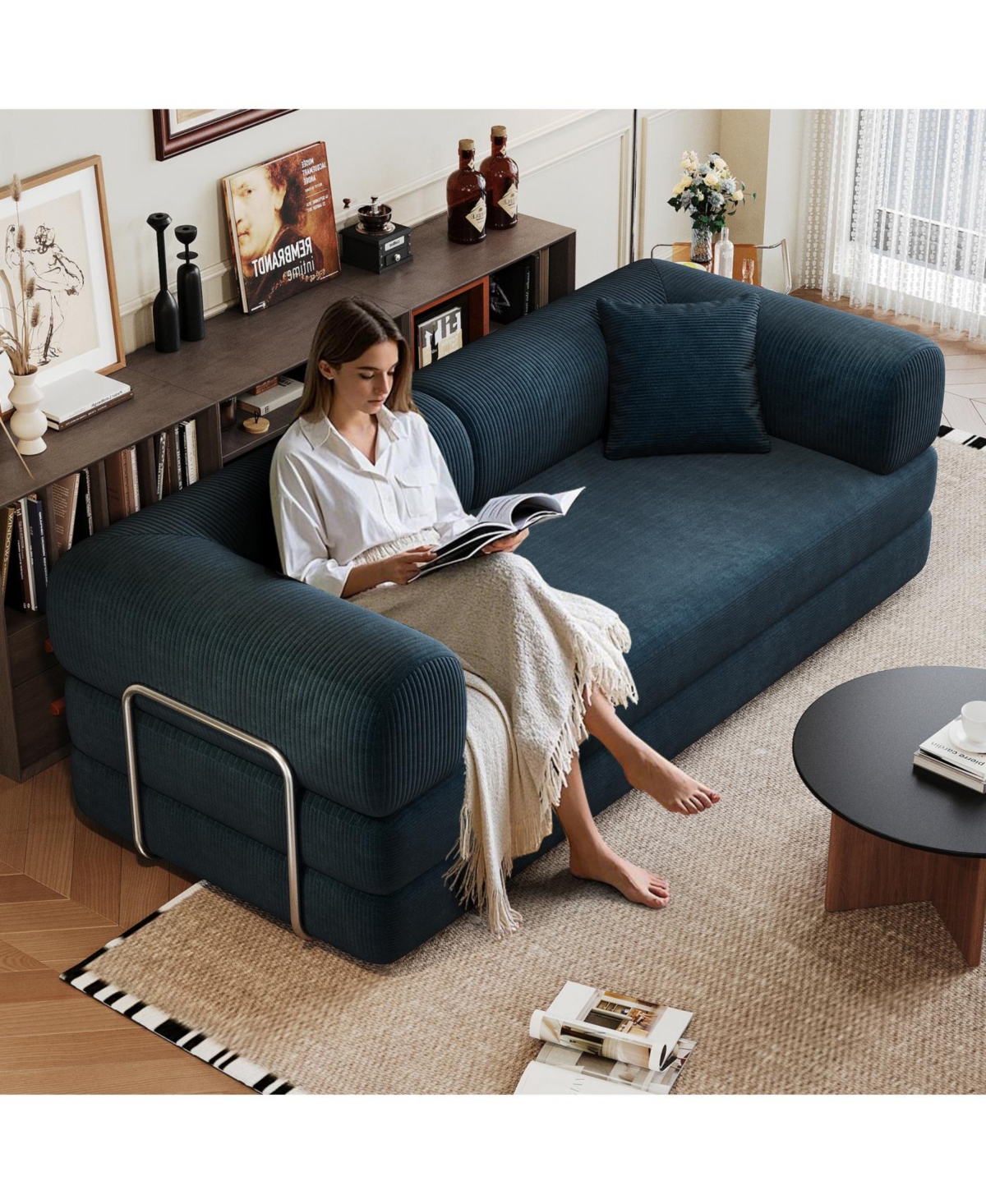 Streamdale Furniture 78.8" Corduroy Compression Sofa Bed with Pillow, Blue