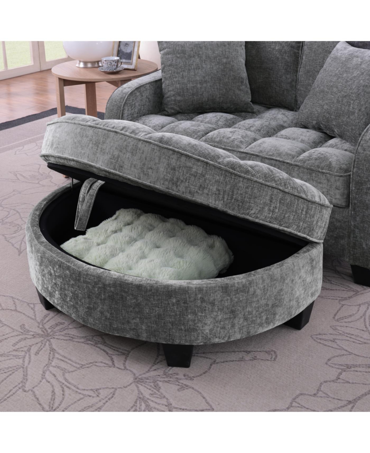 Streamdale Furniture Grey two-seater sofa with chaise, storage footrest, and two pillows