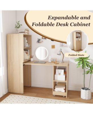 Streamdale Stretchable office desk with storage, wheels, foldable, burlywood