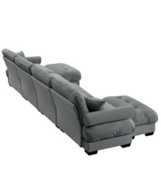 U Shaped Sectional Sofa Cloud Couch with Movable Ottomans, Convertible 4 Seater Grey Velvet Couch.