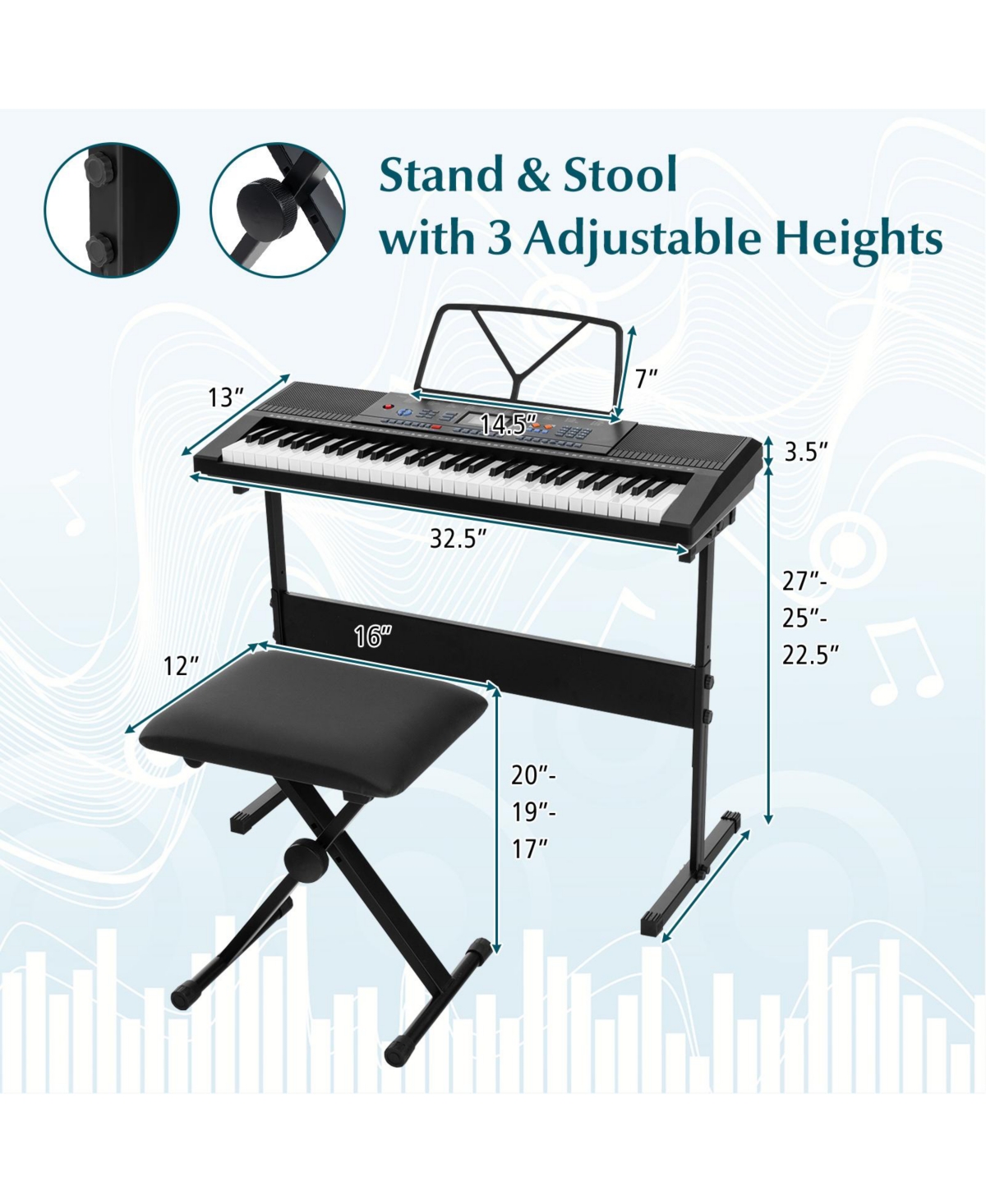 Hongge 61-Key Digital Piano Keyboard Set with Stand, Bench, and Headphones for Beginners