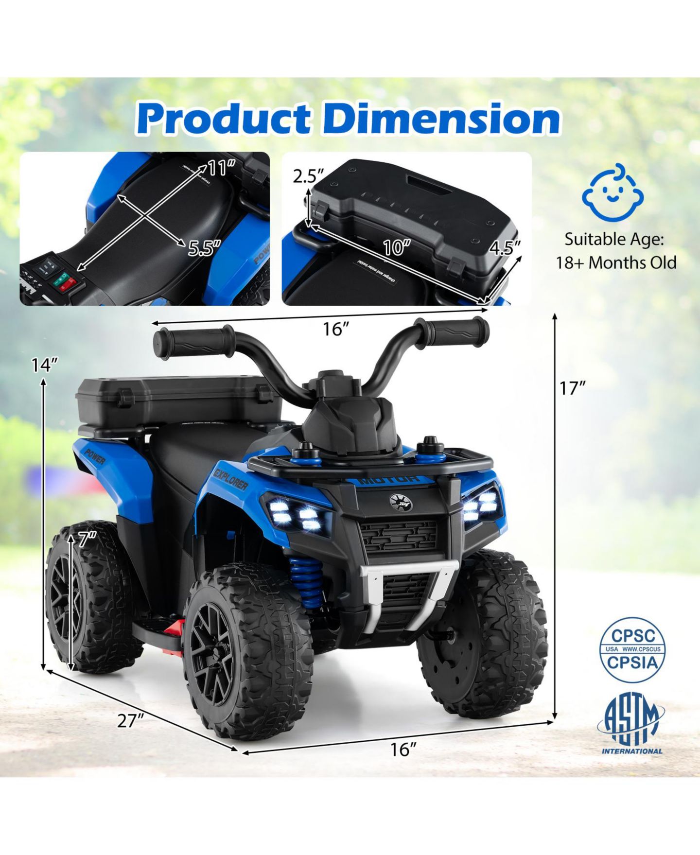 Детская игрушка HONGGE 6V Kids Ride-On ATV with Spray Function and Music, Ages 3+, цвет: Синий — фото 3