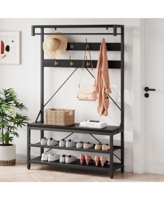 Farmhouse Hall Tree with Coat Rack, Shoe Storage Bench & 8 Hooks