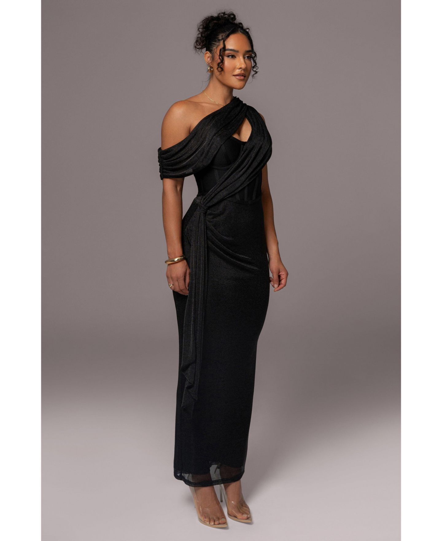 Женское платье JLUXLABEL Metallic Celestina Draped Maxi, цвет: Чёрный — фото 3
