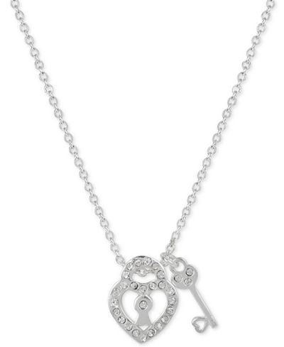 Touch of Silver Crystal Heart and Key Pendant Necklace in Silver-Plated Metal