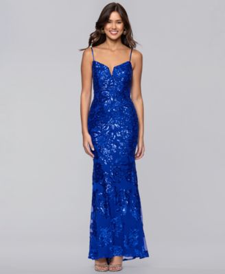 Juniors' Long Sequin Rose Patterned Notched Gown