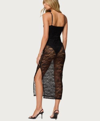 Women's Sheer Lace Built In Bodysuit Midi Dress