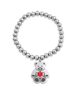 Set of 2 Medical ID Bracelet Teddy Bear & Heart Charm Silver Tone Beads