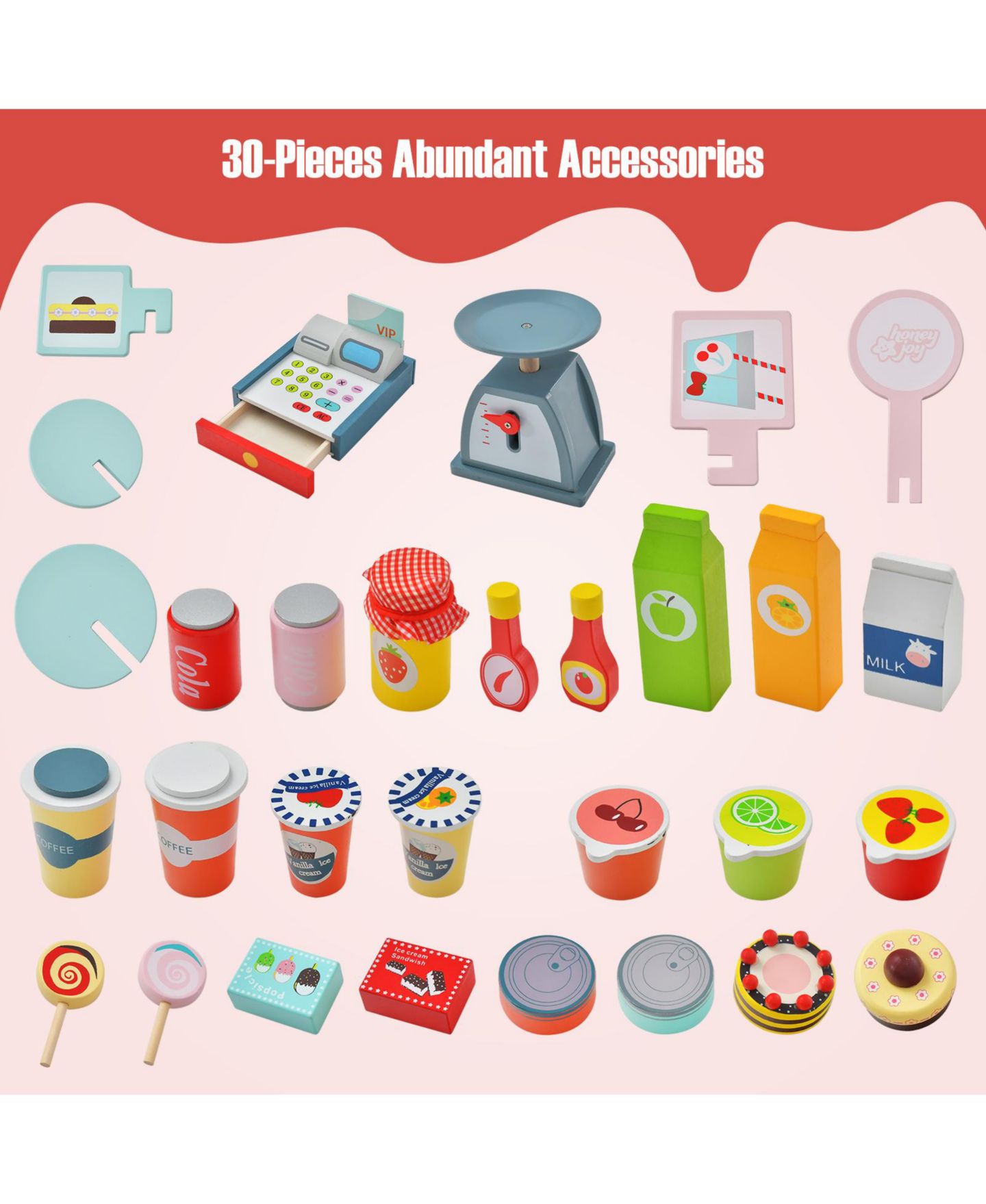 Детские игрушки HONGGE Rolling 30-Piece Wooden Play Food Cart, Ages 3+, цвет: Розовый — фото 7