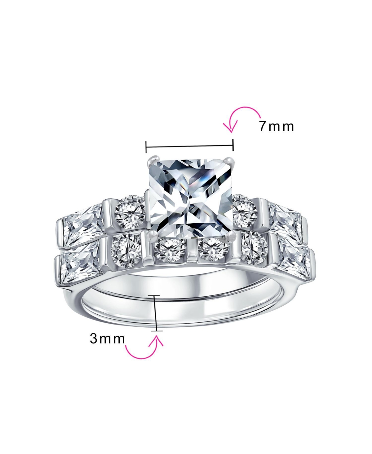 Bling Jewelry 2CT Square Cut Cz Cubic Zirconia Solitaire Promise Band Ring Set with Baguette Accents Sterling Silver