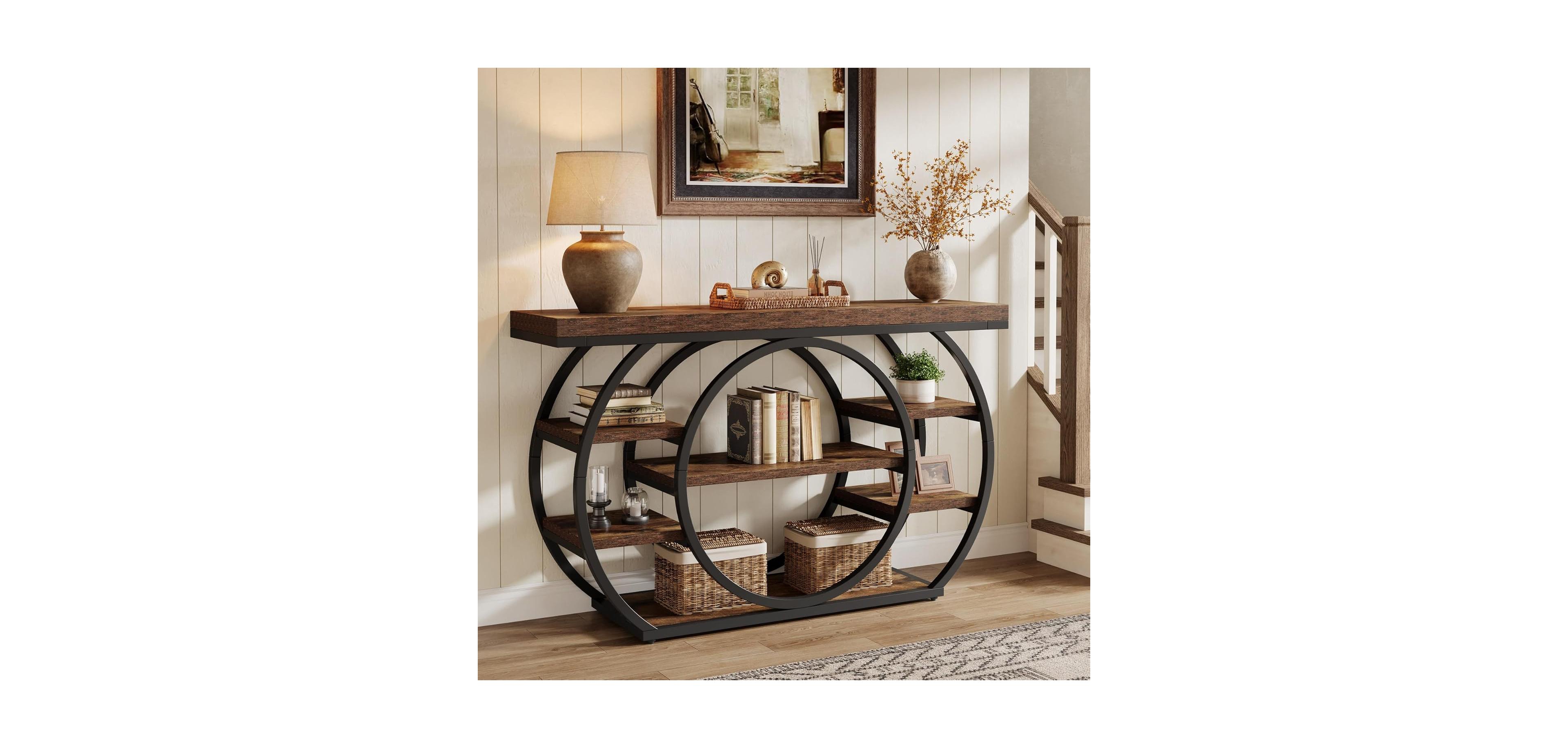 Tribesigns 47" Console Table, 5-Tier Industrial Entryway Table with Metal Frame, Rustic Brown