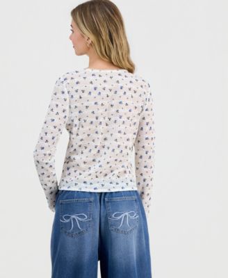 Juniors' Lace Long-Sleeve Woven Top