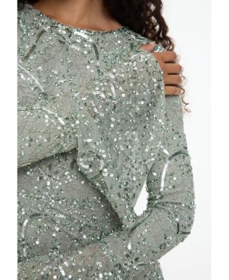 Women's Modest Embellished Sequin Beaded Dress Maxi With Ribbon on Sleeves