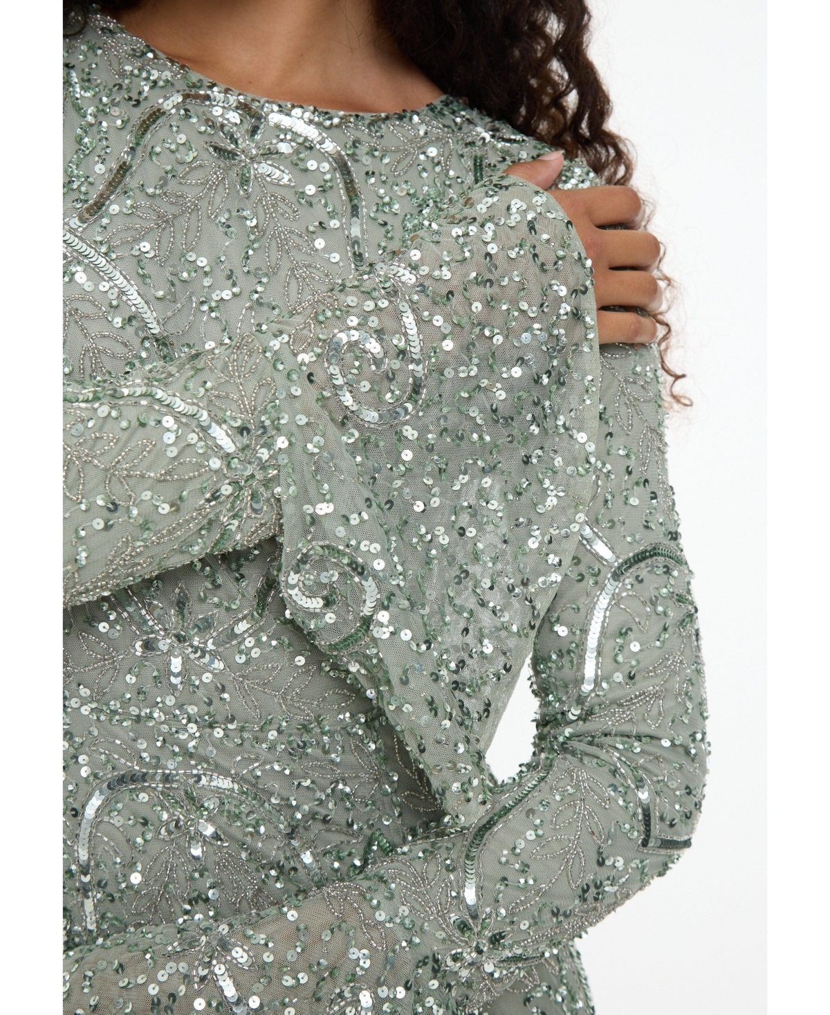 Maryisa Women's Modest Embellished Sequin Beaded Dress Maxi With Ribbon on Sleeves