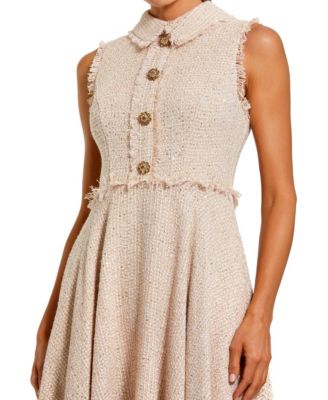 Women's Boucle Sleeveless Collared Button Up Midi Dress