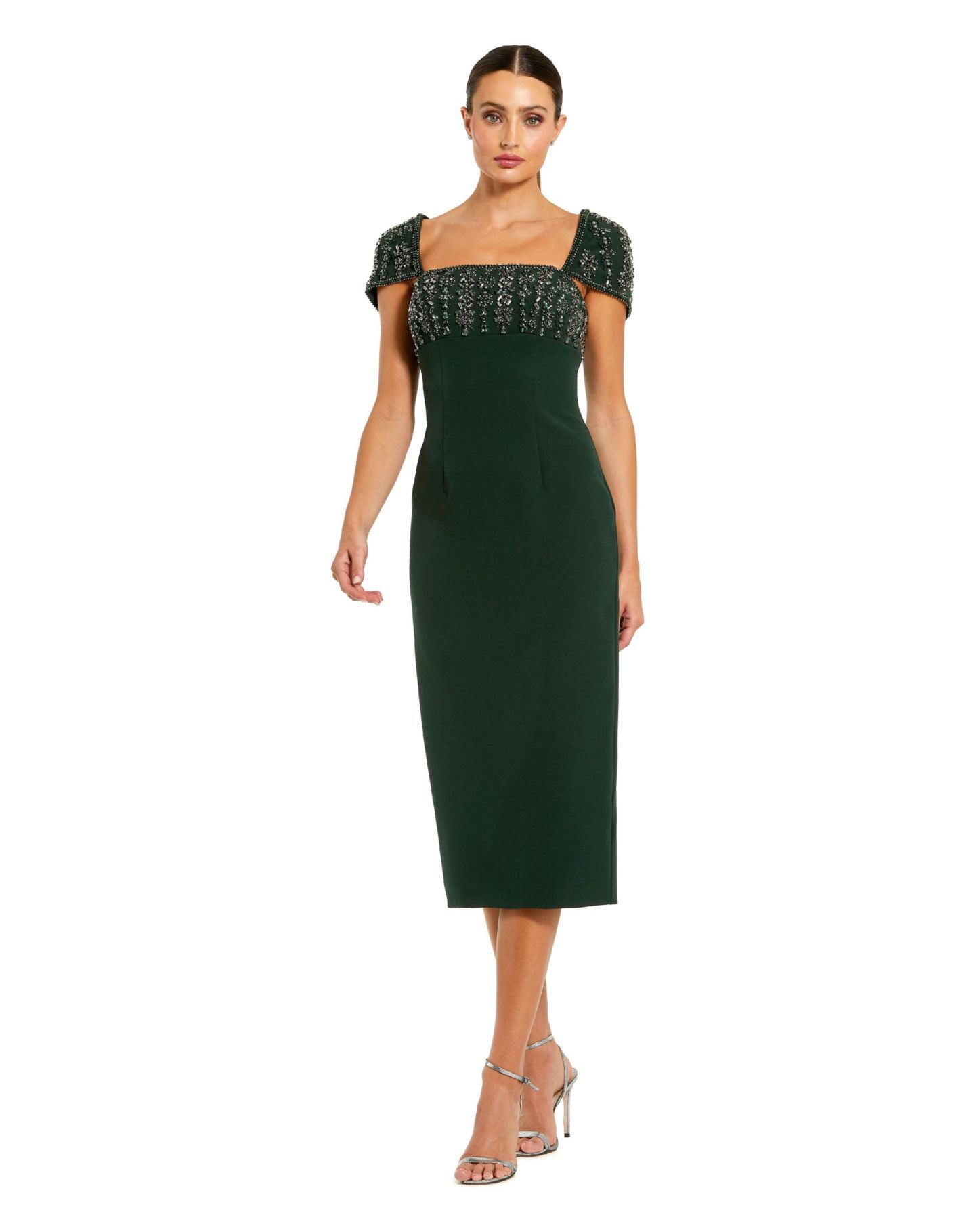 Женское платье Mac Duggal Crepe Embellished Cap Sleeve Fitted Midi, цвет: Тёмный изумрудный — фото 1