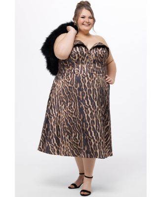 Women's Strapless Animal Print Tea Length Dress
