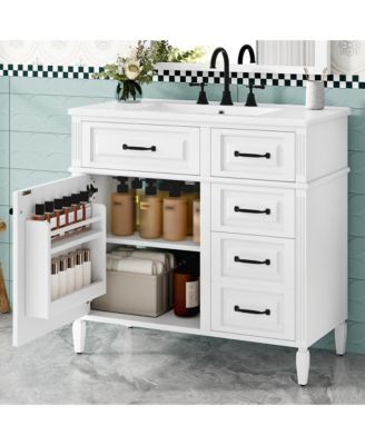 Bathroom Vanity with Ceramic Sink Solid Wood Frame and Flip Drawer