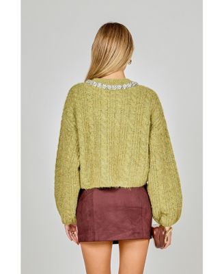 Women's Jewel Embroidered Fuzzy Cable Knit Chunky Sweater