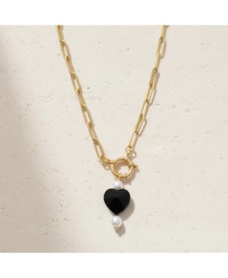 Gold Paperclip Chain Necklace with Black Heart and Freshwater Pearl Pendant