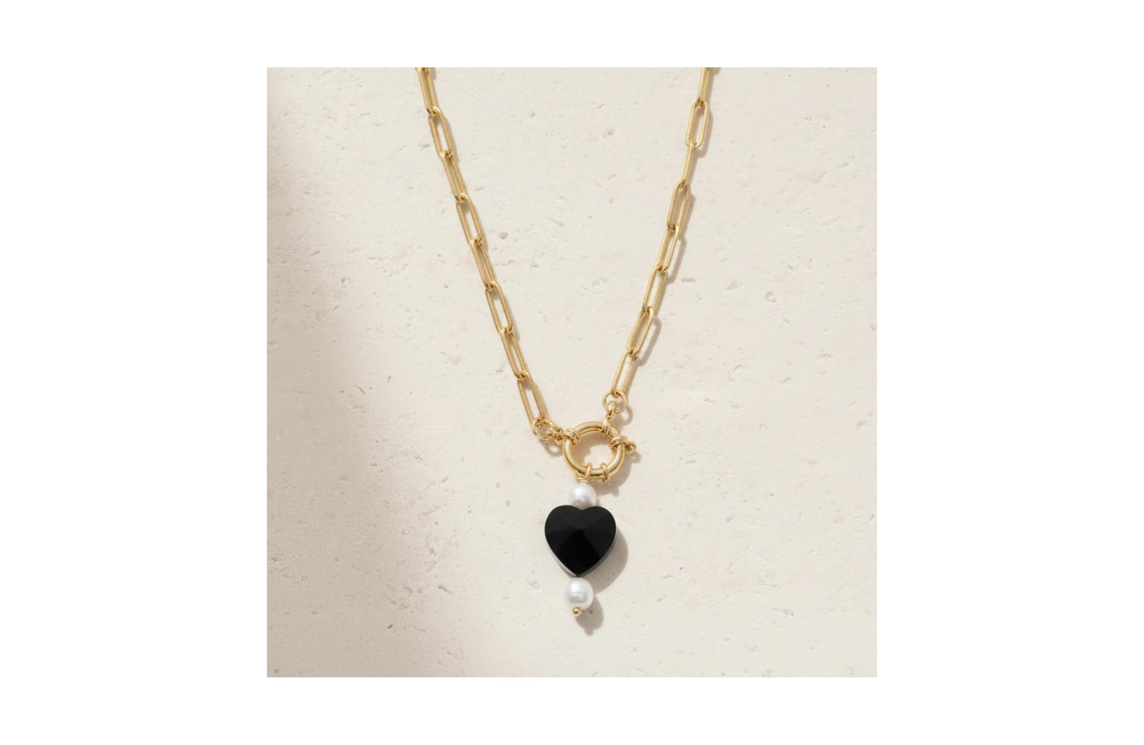 Joey Baby Gold Paperclip Chain Necklace with Black Heart and Freshwater Pearl Pendant