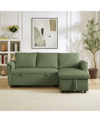 77.25" L-Shaped Corduroy Pull Out Sofa Bed with Chaise Storage, Tufted Modular Sleeper Couch Loveseat with Adjustable Back