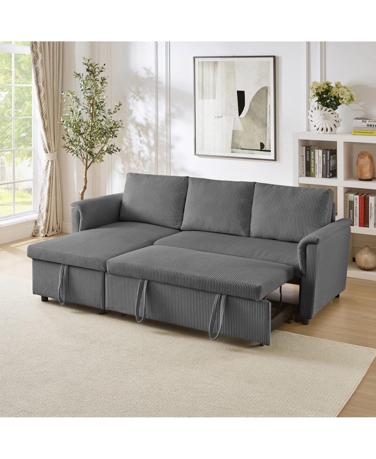Maison Boucle 77.25" L-Shaped Corduroy Pull Out Sofa Bed with Chaise Storage, Tufted Modular Sleeper Couch Loveseat Adjustable Back