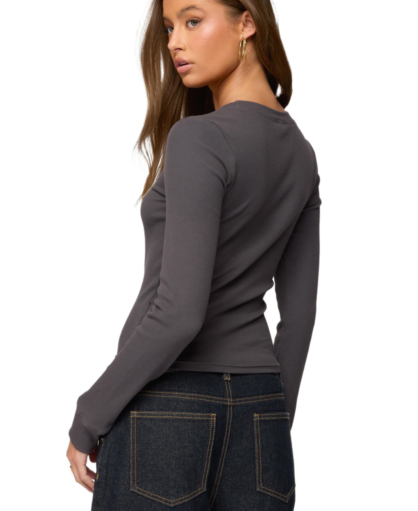 Женская футболка Edikted Essential Ribbed, цвет: Тёмный серый — фото 2
