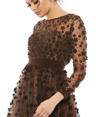 Women's Embellished Illusion High Neck Long Sleeve Fit & Flare Dress