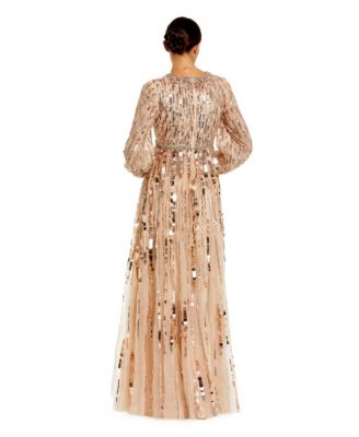 Women's Embellished Mesh Long Sleeve V Neck Gown