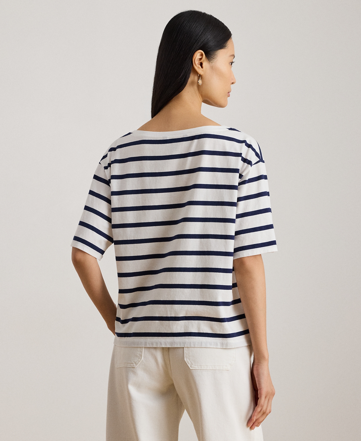 Lauren Ralph Petite Striped Beaded-Logo T-Shirt