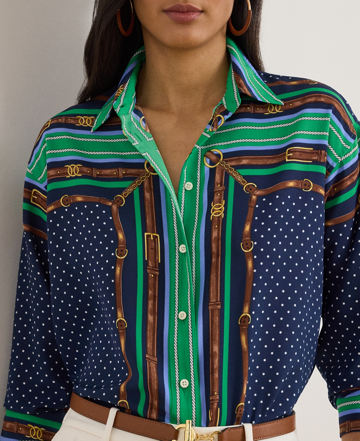 Lauren Ralph Petite Belting Print Polka-Dot Shirt