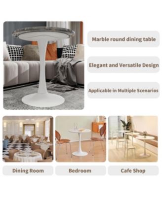  27.6" White Mid-Century Modern Dining Table with Round Marble Top