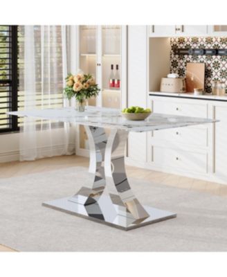Streamdale Transformable Stainless Steel Dining Table - White Glass Top, 63"x35