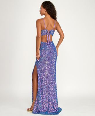 Juniors' Sequin Slit V-Neck Gown