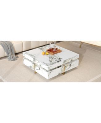 Modern Marble Coffee Table with 4 Drawers, White, 43.3