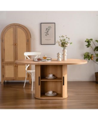  59 Inch Oval Dining Table for 4-6 with 2-Layer Storage Shelf and Wood Slide Door