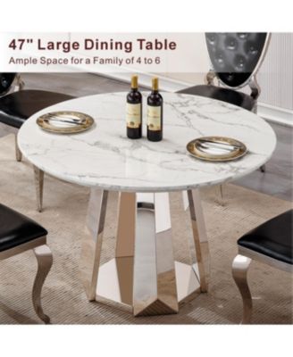  47" Round Marble Dining Table with Stainless Steel Base (Silver, White