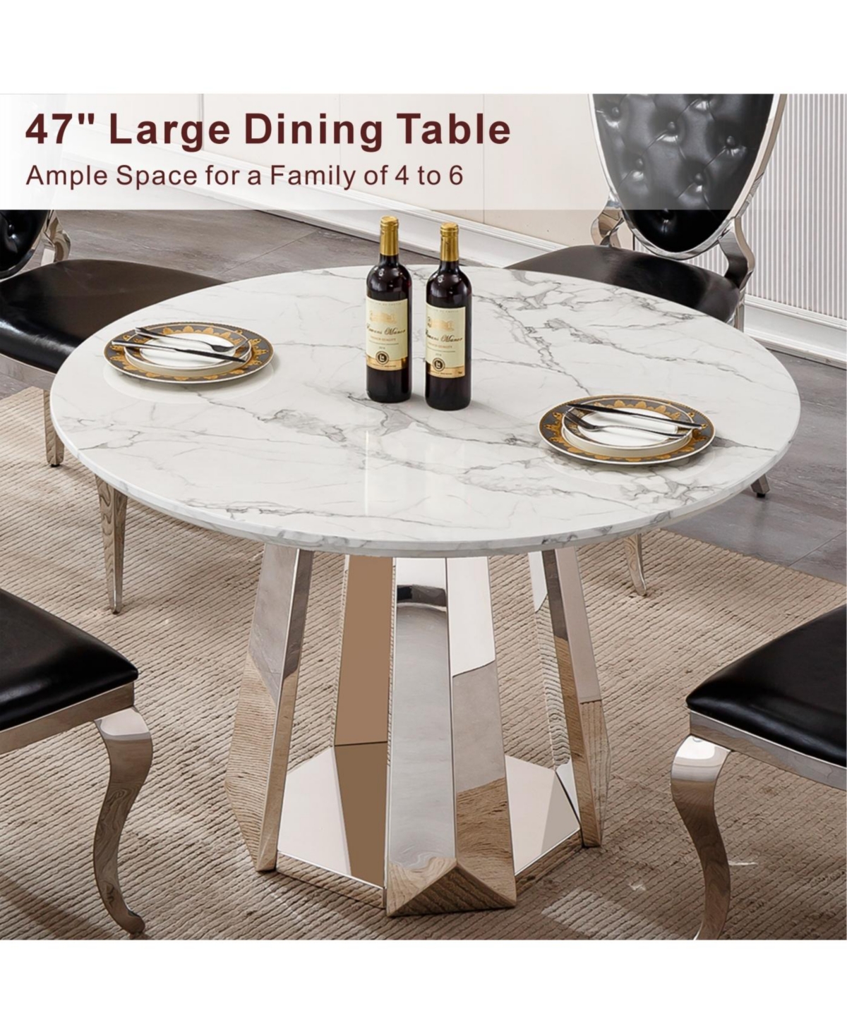 Streamdale Furniture 47" Round Marble Dining Table with Stainless Steel Base (Silver, White