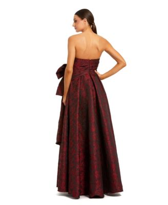 Women's Bow Detail Strapless Floral Brocade Evening Gown