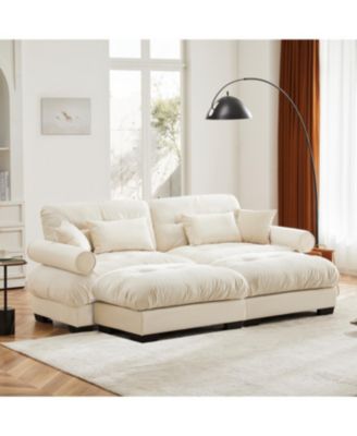  Oversized Modern Velvet Two-Seater Sofa with Ottoman, Cream