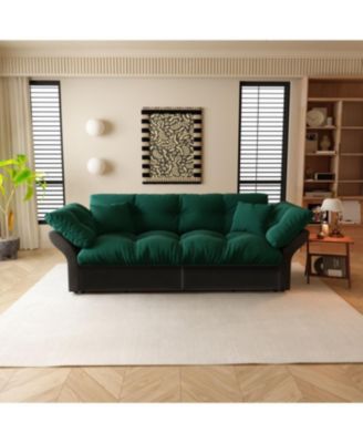 74.8" Queen Pull Out Sofa Bed, 3-in-1 Convertible Sleeper Tufted Sofa with 2 Pillows, Green