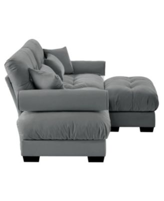 Streamdale Oversized Modern Velvet Two-Seater Sofa with Ottoman & Pillows, Grey