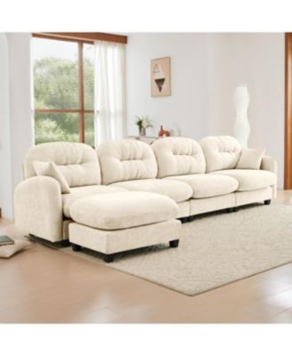 Modular L-Shaped Chenille Sectional Couch with Ottoman - Beige