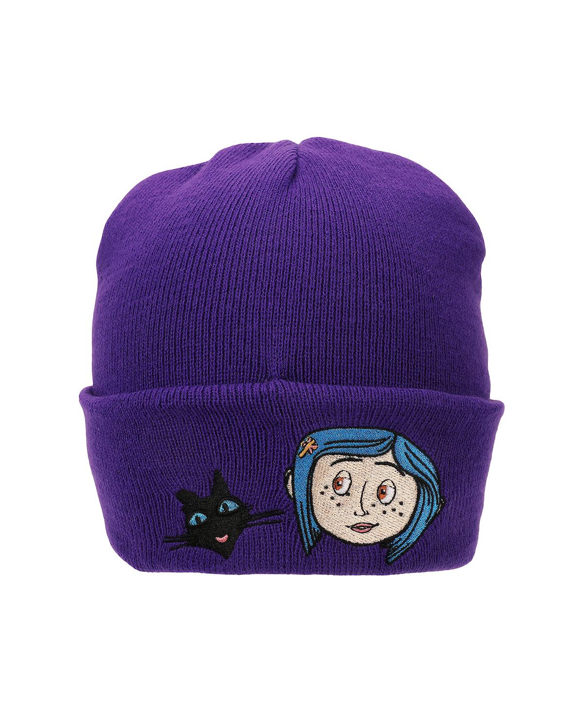 Coraline Men's Black Cat Character Art Purple Cuff Beanie.